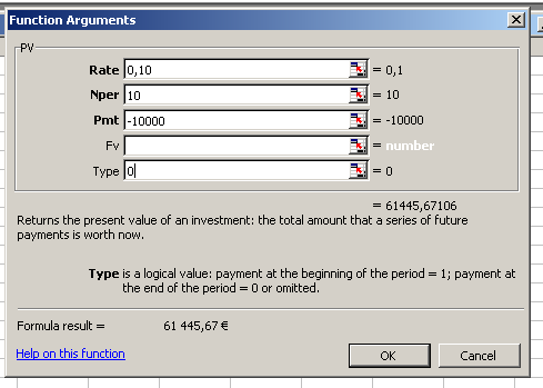 Nykyarvomenetelmä ja Excel Nykyarvofunktion lyhenne Excelissä on PV, mikäli halutaan selvittää jaksollisten maksujen nykyarvo Rate = korkokanta (sadasosina) Nper = maksukausien lukumäärä Pmt = kunkin
