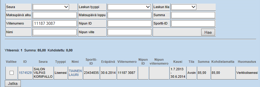 Maksusuoritusten kohdistaminen Hae kohdistettava suoritus uudelleen joko