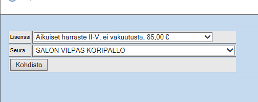 Lisenssin valinta ja kohdistus Valitse alasvetovalikosta lisenssi, johon suoritus kohdistetaan. Klikkaa Kohdiata! Huom.