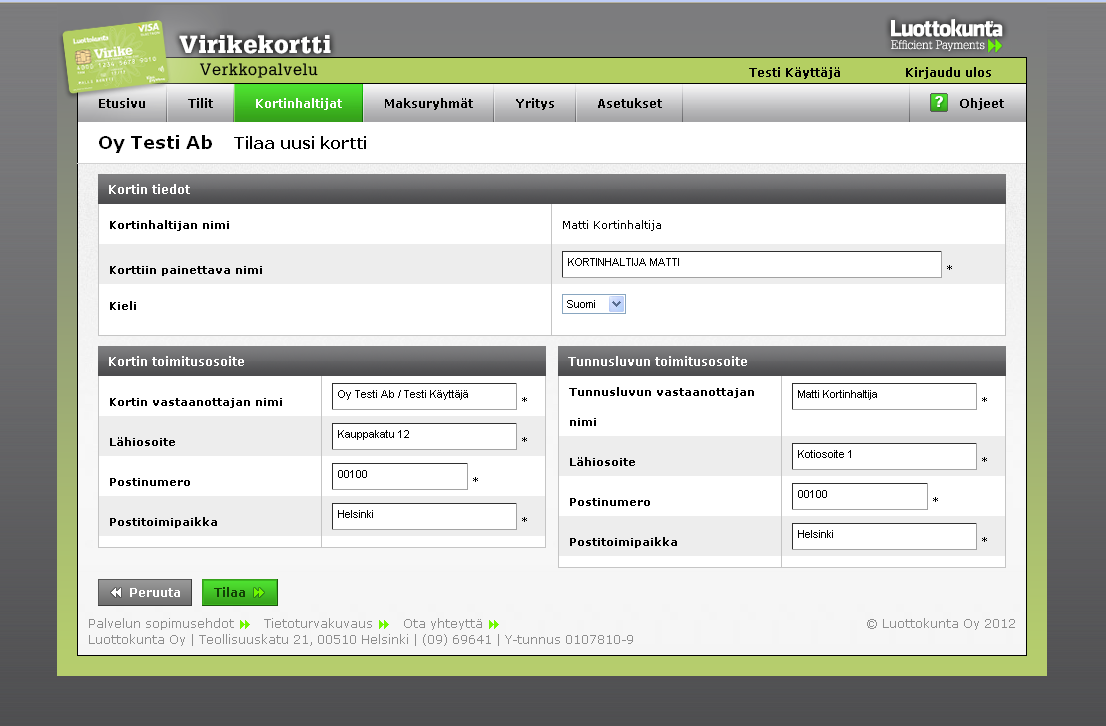 8. Virikekortit Tilaa uusi kortti -välilehti Tilaaminen Voit tilata useamman kortin Virikekortti Verkkopalvelun etusivulla 1. Napsauta Tilaa ja uusi kortteja -painiketta. 2.