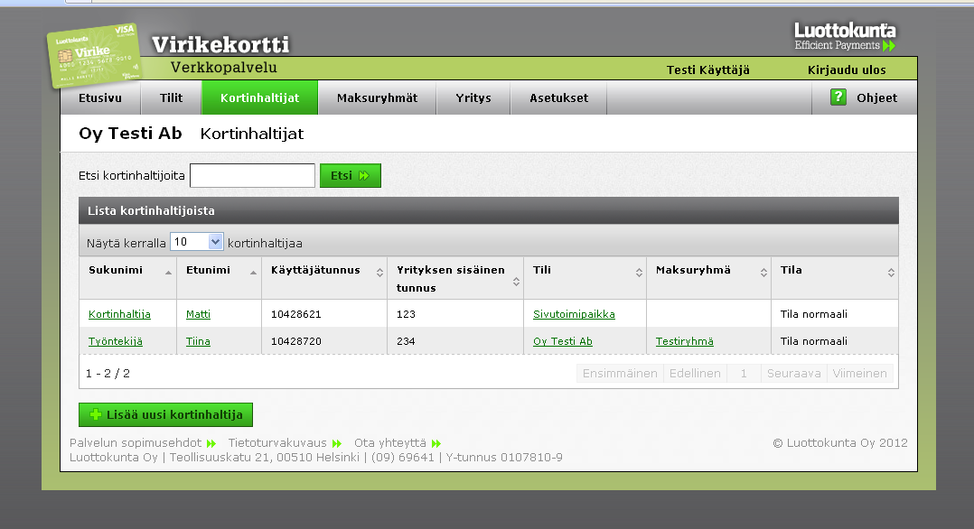 6. Kortinhaltijat Etsi kortinhaltijoita -välilehti Kortinhaltijoiden haku Voit hakea kortinhaltijoita joko etusivulla tai Kortinhaltijat-välilehdellä olevan haun avulla.