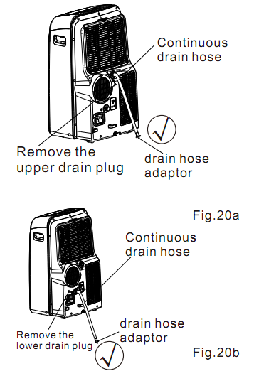 INSTALLATIONSINSTRUKTIONER Vattendränering -Under avfuktningsläget, ta bort den övre dräneringspluggen från baksidan av apparaten, installera dräneringskontakten ("5/8"-universell honkontakt) med en