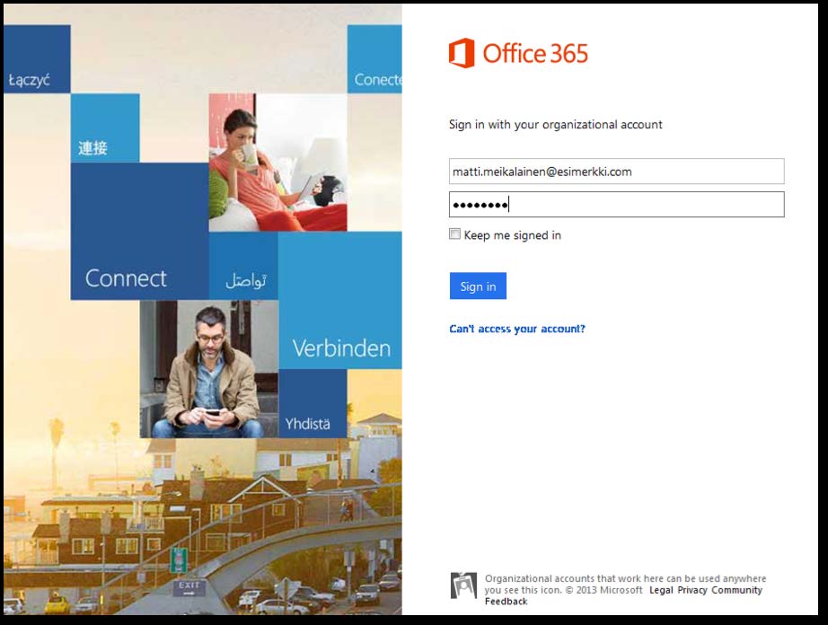 B. Kirjoita salasana, jota haluat käyttää kirjautumisessa Microsoftin Office 365 -palveluihin ja klikkaa OK. Näet tästä ikkunasta myös pääkäyttäjäsi sinulle valitseman Office 365 -käyttäjätunnuksen.