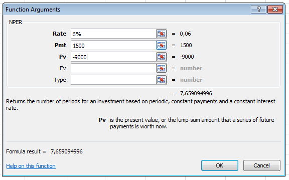 Takaisinmaksuajan menetelmä ja Excel Investoinnin takaisinmaksuaika voidaan Excelissä laskea funktiolla NPER Rate = korkokanta (sadasosina) Pmt