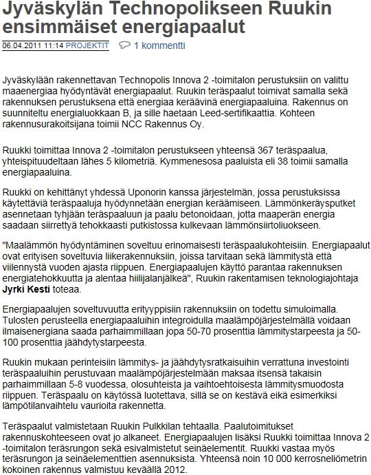 Energiapaalujen pilotointi Innova 2:ssa Jyväskylässä (n. 130 000, josta energiatuen osuus n.