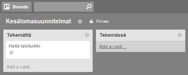 Edellämainitun vaiheen jälkeen board ilmestyy My Boards listalle. Klikkaa kyseistä boardia avataksesi sen ja lisätäksesi sinne asioita. Tältä näyttää uuden boardin sisällä.