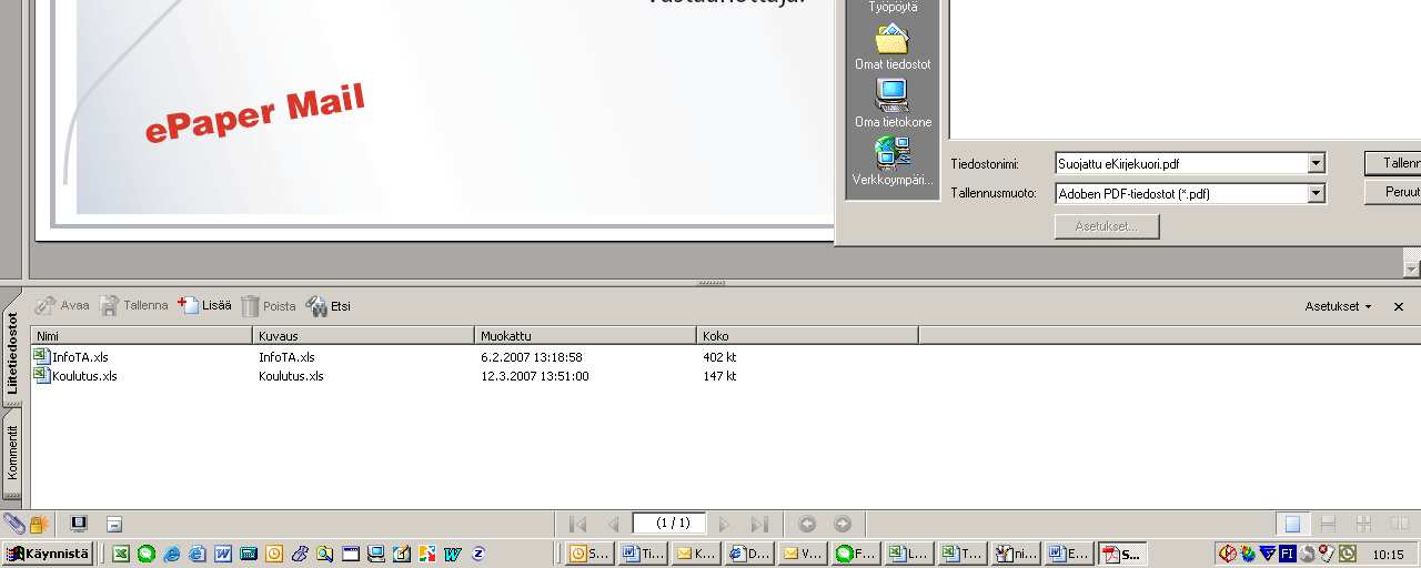 Sulje Adobe - ekirje lisätään sähköpostin liitteeksi normaalin liitetiedoston tavoin, lähetettävän ekirjeen koon voi vielä tarkistaa liitteen