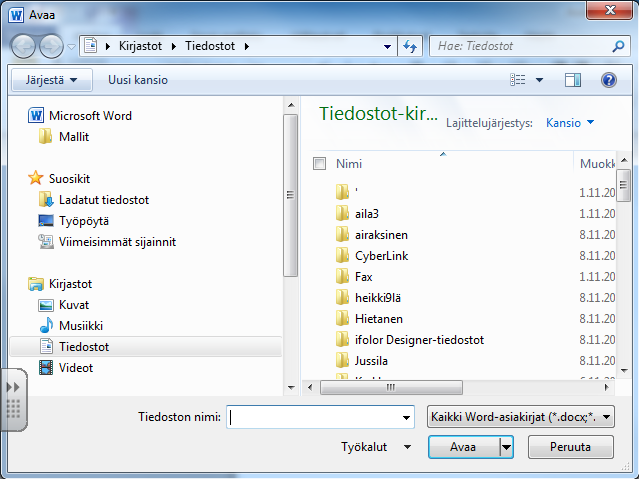 Asiakirjan avaaminen, sulkeminen ja tallentaminen Asiakirja voidaan avata, sulkea ja tallentaa Tiedosto välilehden komentojen kautta. Asiakirjan tallennus ikkuna.