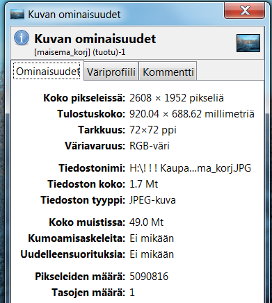 Amiedu Harjoitustehtävät 27 (33) 1. Mikä on kuvan korkeus ja leveys pikseleinä? (Vihje: Kuva -> Skaalaa kuvaa ) Vastaus: 2. Mikä on kuvan resoluutio (x- ja y-tarkkuus)? Vastaus: 3.