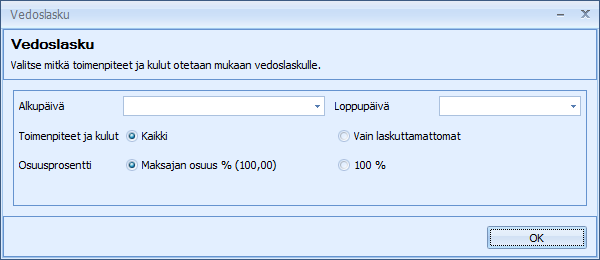 CSI Lawyer 2.7 Käyttöohje (122/146) Alku- ja loppupäivä: määritellään aikaväli, mille kirjatut toimenpiteet ja kulut ohjelmisto tuo vedoslaskulle.