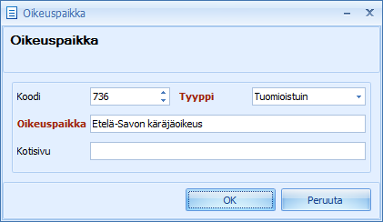 CSI Lawyer 2.7 Käyttöohje (129/146) Lisäksi oikeusaputapauksissa tulee oikeuspaikkatieto tallentaa toimeksiannolle.