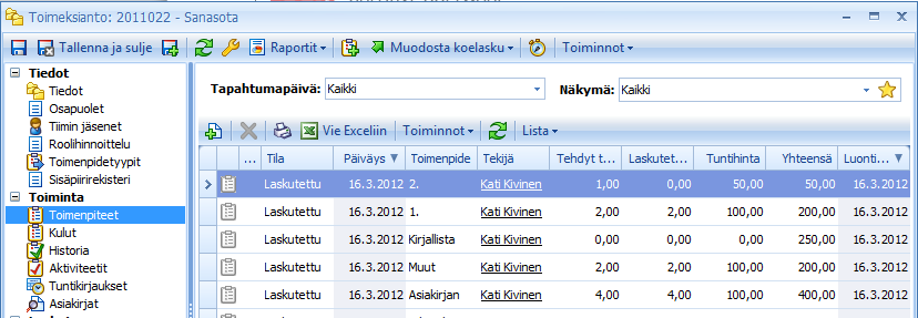 CSI Lawyer 2.7 Käyttöohje (69/146) Kun halutaan tarkastella tietylle toimeksiannolle jo kirjattuja toimenpiteitä samalla, kun niitä luodaan lisää, kannattaa toimeksiantoikkuna avata.
