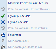 CSI Lawyer 2.7 Käyttöohje (82/146) Koelaskun hyväksyminen. Koelasku tulee hyväksyä, jotta siitä voidaan muodostaa lasku.