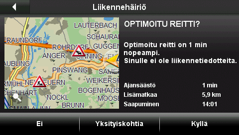 Ikkuna näyttää sen osuuden kartasta, jota ilmoitus koskee, sekä optimoidun reitin, joka kiertää ilmoitettua liikennehäiriötä.