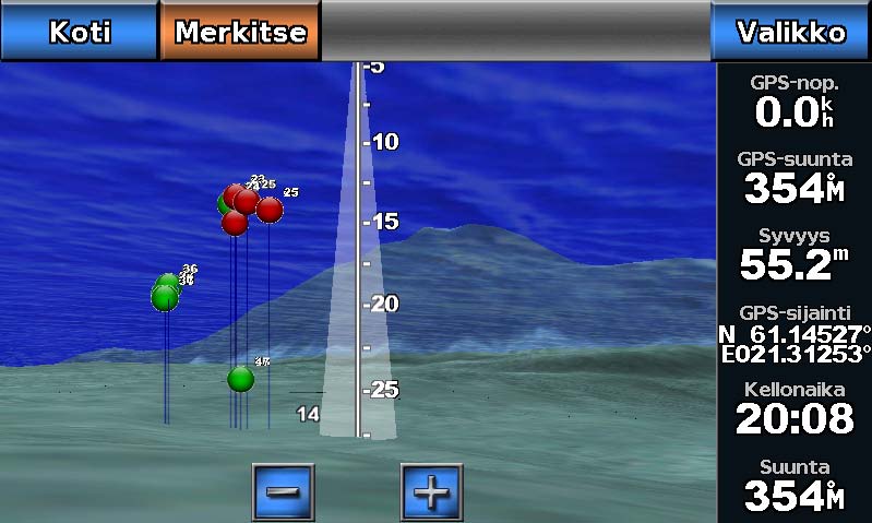 Kartat ja 3D-karttanäkymät Näkymän säätäminen Katso kohtaa Näkymän säätäminen (sivu 16). Fish Eye 3D ja kaikukeila Kartan ulkoasu Fish Eye 3D -näkymässä Suunnan ilmaisu Fish Eye 3D -näkymässä 1.