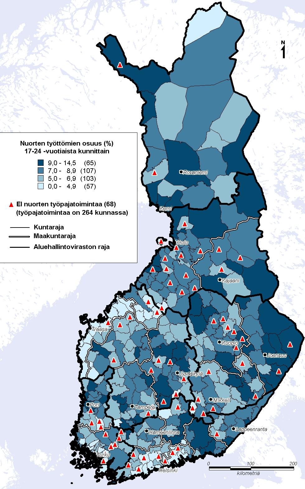 Vuosi 2012 Nuorten työttömien osuus 17 24-vuotiaista kunnittain Työpajatoiminta on 270 kunnassa.