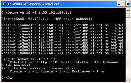 Ping-testi Hyödyllisiä vinkkejä Seuraavalla testillä voit kokeilla toimiiko yhteys taloyhtiön sisäverkossa.