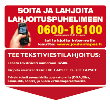 Joulun Lapsi-kummit kutsuvat hyväntekeväisyyskonserttiin ma 16.12.2013 klo 18.00 Helsingin Vanhaan kirkkoon, Lönnrotinkatu 6. Tervetuloa! TULOSSA LOKAKUUSSA! Lokakuussa ilmestyy KUMMIT-lehti.