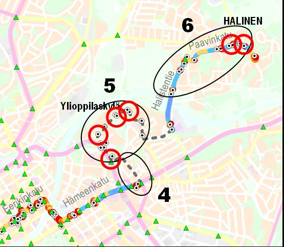 77 Hämeenkadun kaistajärjestelyt + korkeatasoiset vaihtopysäkit (Yliopisto + T-sairaala) Linjan reitti -> Ylioppilaskylän alueen kiertosuunnan muutos.