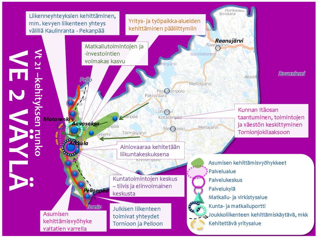 YLITORNION MAANKÄYTTÖ- JA ELINVOIMASTRATEGIA 15 VE1 NAAPURI Vaihteht painttuu tiiviin yhteistyön kehittämiseen Övertrneån kanssa sekä kuntakeskuksen ympäristön kehittämiseen.