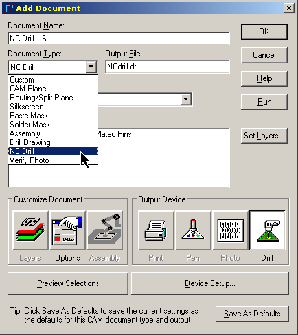 1.2 Excellon-parametrit Valitse Define CAM Documents -ruudusta Add Document (tai jos dokumentti on listassa, käytä Edit - painiketta), Document Type -kohdasta NC Drill, jonka jälkeen alareunan