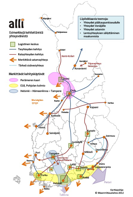 Kuva 4. ALLI-kartastossa 17 esille nostetut merkittävät kehityskäytävät. ohjaamaan suunnittelua ja strategista kehittämistä kokonaisvaltaisemmin yli sektori- ja hallinnollisten rajojen.