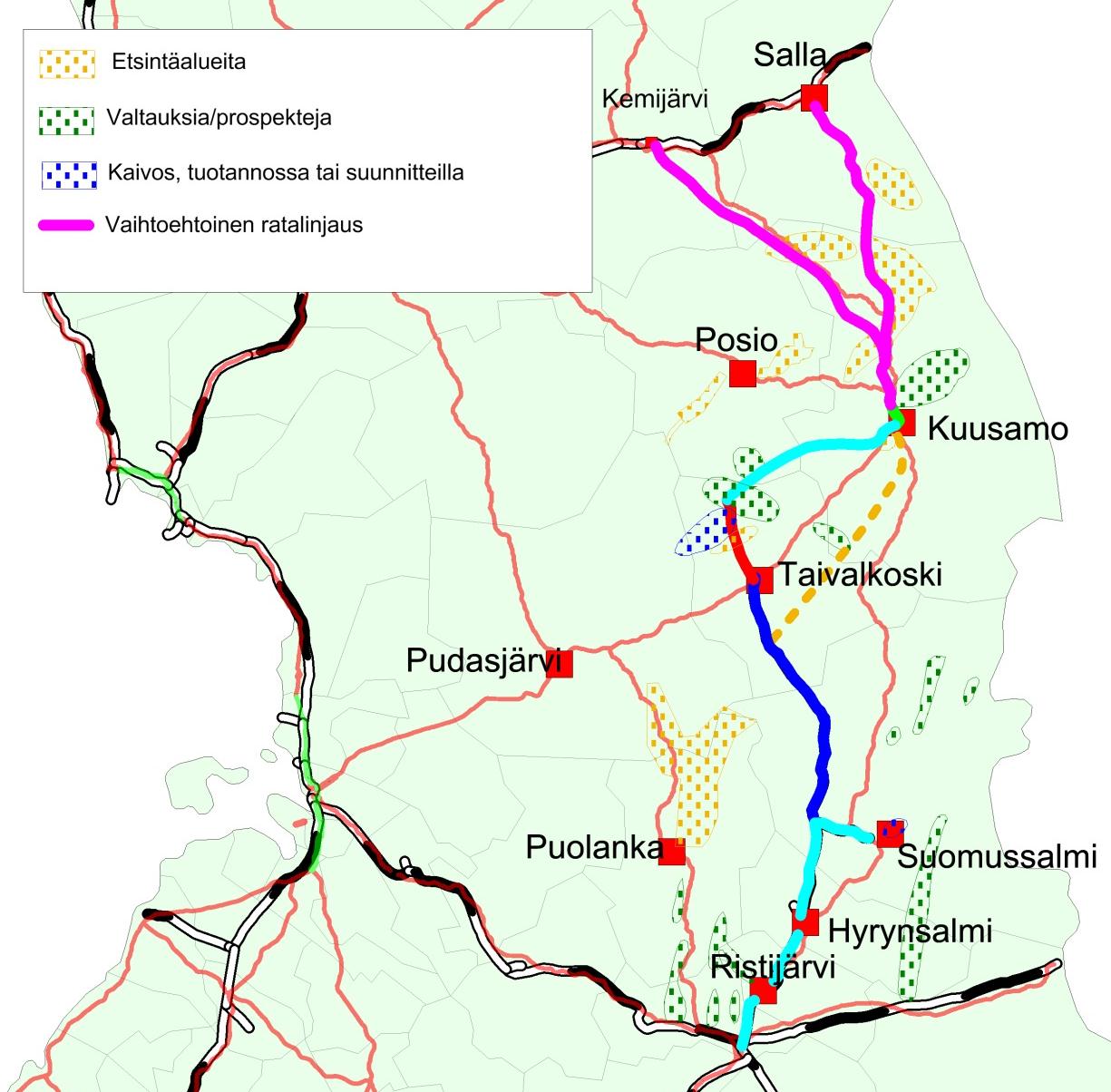 6 2. KULJETUSTARPEET 2.1. Kaivannaisteollisuus Suunnitellun radan vaikutuspiirissä on useita eri vaiheissa olevia malminetsintäkohteita ja kaivoshankkeita.