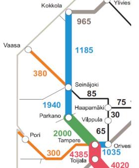 Oy) Vaasan radan eli 75 kilometrin pituisella Seinäjoki Vaasa( Vaskiluoto) ratayhteydellä henkilöliikennemäärä on noin 380 000 matkustajaa 26 vuodessa (v. 2011).