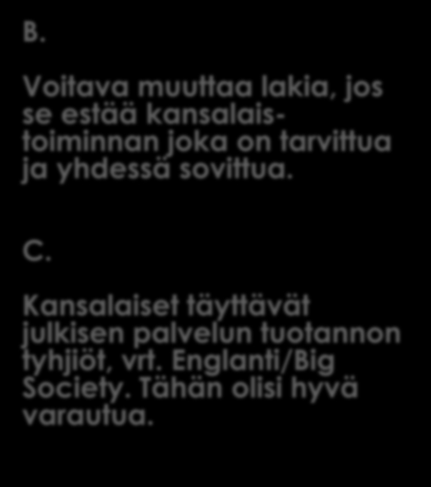 Johtopäätökset 11/2013 A. Hyvinvointiyhteiskunnan osapuolten tulisi yhdessä sopien - omaksua/ottaa haltuun perusasiat - sovittava rajapinnoista - tunnistettava sietokyky B.