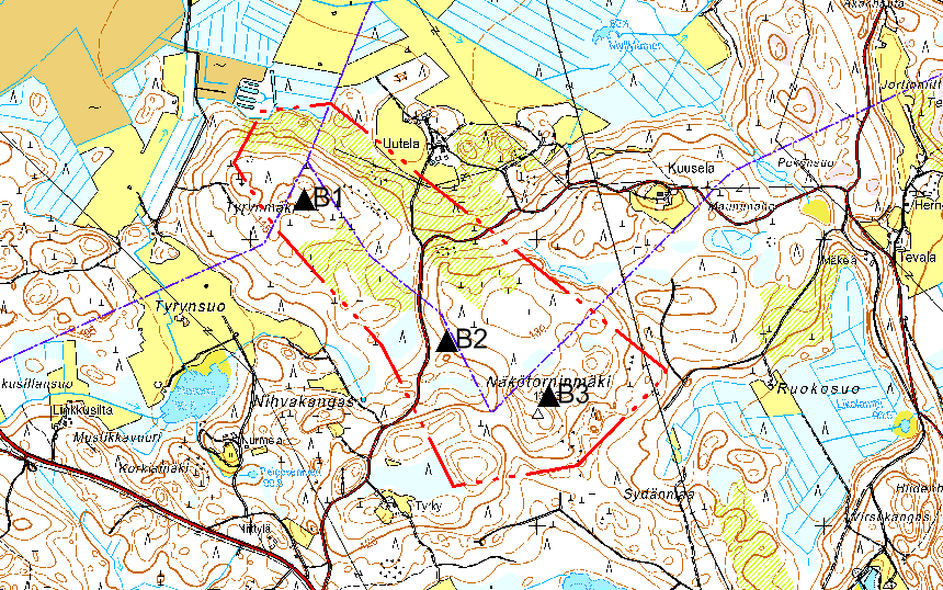 73 Hankealue B1-3 Lähietäisyysvyöhyke (0-2 km) Hankealue sijaitsee Mikkelintien ja kapean pitkittäisharjun välisessä kolmiossa, maantieltä koilliseen erkanevan Pien-Haikkaanlahdentien