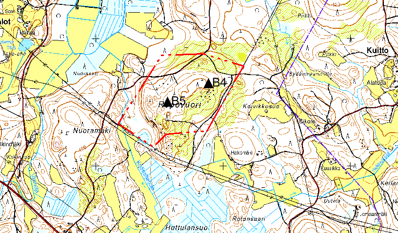 76 Hankealue B4-5 Lähietäisyysvyöhyke (0-2 km) Kahden tuuligeneraattorin sijoituspaikaksi valittu Repovuori on kallioinen, paikoin louhikkorinteinen moreenimäki maastorakenteeltaan mosaiikkimaisen