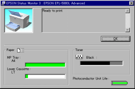Using.fm 2/27/02 Tulostimen toimintatila, tietojen saanti Voit valvoa EPSON Status Monitor 3 -valintaikkunassa tulostimen toimintatilaa ja saada tietoja kulutustarvikkeista.