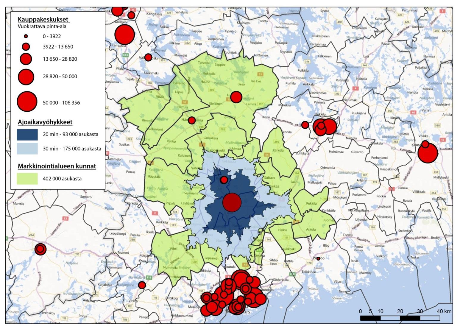 Kauppakeskus Willan vaikutusalue 2 TAMPERE Ideapark Koskihara Tuulonen Tavastila LAHTI Karisma Asukkaat ja työpaikat ajoaikavyöhykkeillä Willa Atomi Liikerata WILLA KOUVOLA Veturi 200