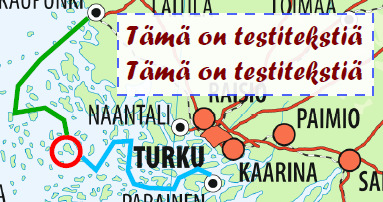 Valitse sitten (1) Työkalut > Lisää tekstiruutu tai muokkaa sitä > Kirjoituskonetyökalun valikko (2) aukeaa > Paina Kirjoituskone, klikkaa karttapinnalla ja kirjoita teksti.