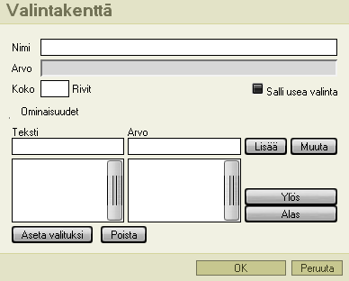 CONTENT MANAGER -MANUAALI 26 (42) Valintaruutu Radiopainike Tekstikenttä Tekstikentälle voidaan määrittää sen leveys sekä korkein sallittu merkkimäärä.