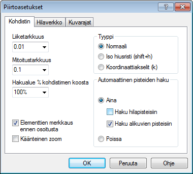 Yleistä Kursorin asetukset Automaattinen pisteiden haku Tarkoittaa sitä, että ohjelma ehdottaa lähinnä hiiren osoitinta sijaitsevaa kulmapistettä.