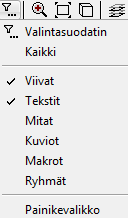 Vektorikuvien käsittely Elementin/elementtien poisto Elementtien poistaminen kuvasta (useita samantyyppisiä kerralla) Ensin valitaan valintasuodattimella mitä elementtityyppejä haluat kuvasta poistaa.