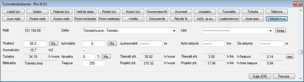 Mitoitus Tilamallikohtainen mitoitus (m2 ja kpl suoraan tilamallikortille) Voit syöttää tietyn tilatyypin kokonaisneliöt ja huoneiden kappalemäärät suoraan tilamallin kortille, ellet tarvitse