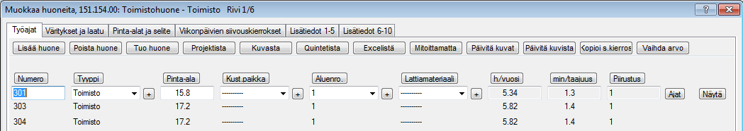 Mitoitus Huonekohtainen mitoitus (tilojen/huoneiden tuonti projektilta) Jos olet tehnyt neliöinnin kuvaan ja haluat tuoda neliötiedot laskentaan, niin se onnistuu Huoneet painikkeen takaa löytyvällä