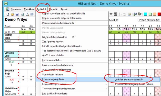 Mikäli sama käsky annetaan Xextra1 apurivin nimen päällä vuorolista vasemmassa reunassa, valitaan extraajat koko. näkyvillä olevalle 3 vk jaksolle.