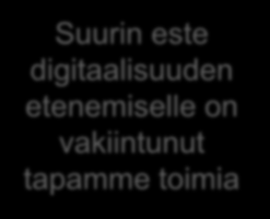 Ajatuksia digitalisaatiosta * Nopein tapa edetä on kokeileminen; täydelliset suunnitelmat eivät toimi käytännössä Suurin este digitaalisuuden etenemiselle on vakiintunut tapamme toimia Digitaalisuus