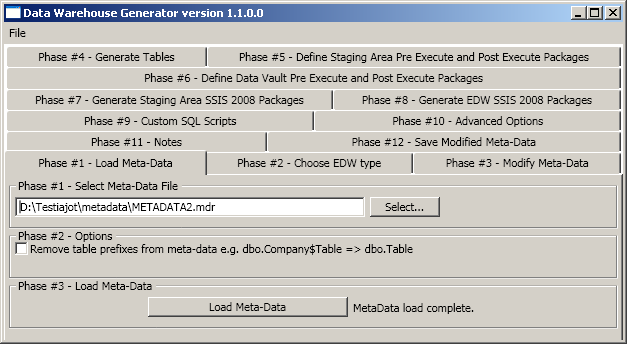 28 KUVIO 13. DW-generaattorin aloitusnäkymä Seuraavaksi tallennettu metadata luetaan taulukkoon, joka hyödyntää samaa metadataluokkaa kuin pieni erillinen metadatan lukijaohjelmakin.