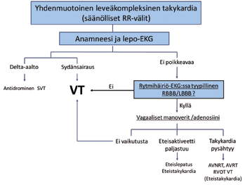 Kuva 1. Leveäkompleksisen takykardian erotusdiagnostiikka. Perusolettamus on, että kyseessä on VT etenkin, jos potilaalla on todettu sydänsairaus.