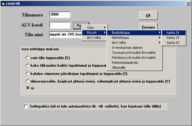 ALV-KOODIN POIMINTA Vaihda tilin nimi -ikkunassa ja Lisää tili -ikkunassa on nyt Poimi-painike, josta saat poimittua alv-koodin.