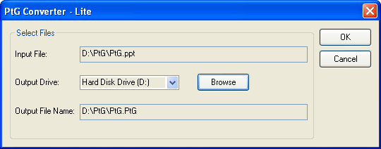 PtG Converter -ohjelmiston käyttäminen 1 Käynnistä "PtG Converter - Lite.exe" tai käynnistä sovellus napsauttamalla työpöydän -kuvaketta.