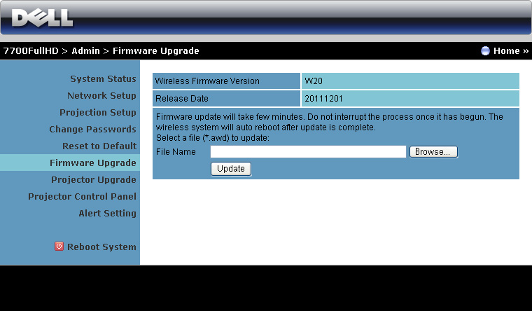 Firmware Upgrade (Firmware-päivitys) Firmware-päivityssivulta voit päivittää projektorin langattoman firmwaren.