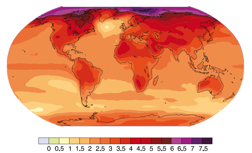 LÄMPÖTILAN MUUTOS 2070 LASKETTUNA A2-PÄÄSTÖSKENAARIOLLE IPCC 2007 20 MALLIN YHDISTELMÄNÄ Arktinen alue lämpiää eniten maailmassa