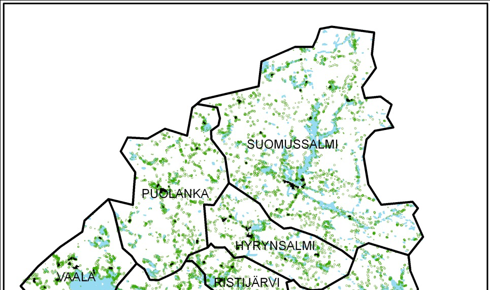 Kuva 4. Kainuun taajamat ja kylät sekä asuin ja lomarakennukset puskureineen.