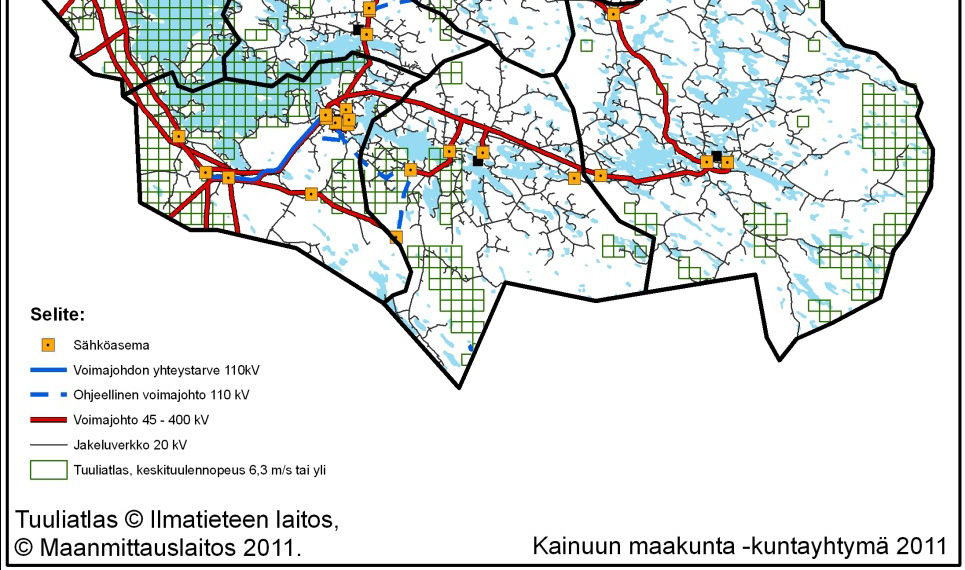 Kuva 5. Sähköverkko sähköasemineen Kainuussa (lähde: Fingrid Oyj, E.ON Kainuun Sähköverkko Oy). Voimassa olevat kaavat Kainuussa tuulivoimatuotantoa ei ole kaavoituksellisesti käsitelty aiemmin.