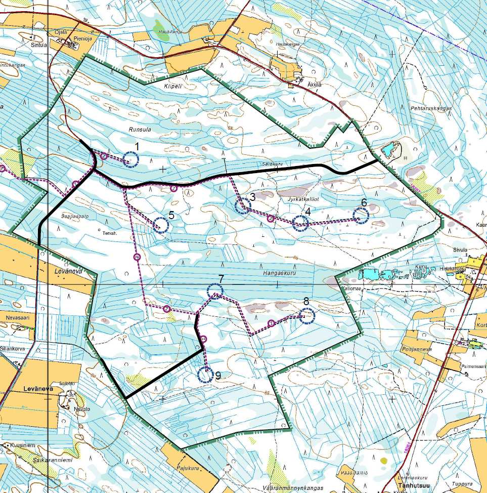 17.4.2014/ Tark. 23 (110) 5.3 Tarkistettu tuulivoimapuiston suunnitelma kaavaehdotuksen nähtävilläolon jälkeen Kaavaehdotuksen nähtävilläolon jälkeen luoteisin tuulivoimala poistettiin suunnitelmasta.